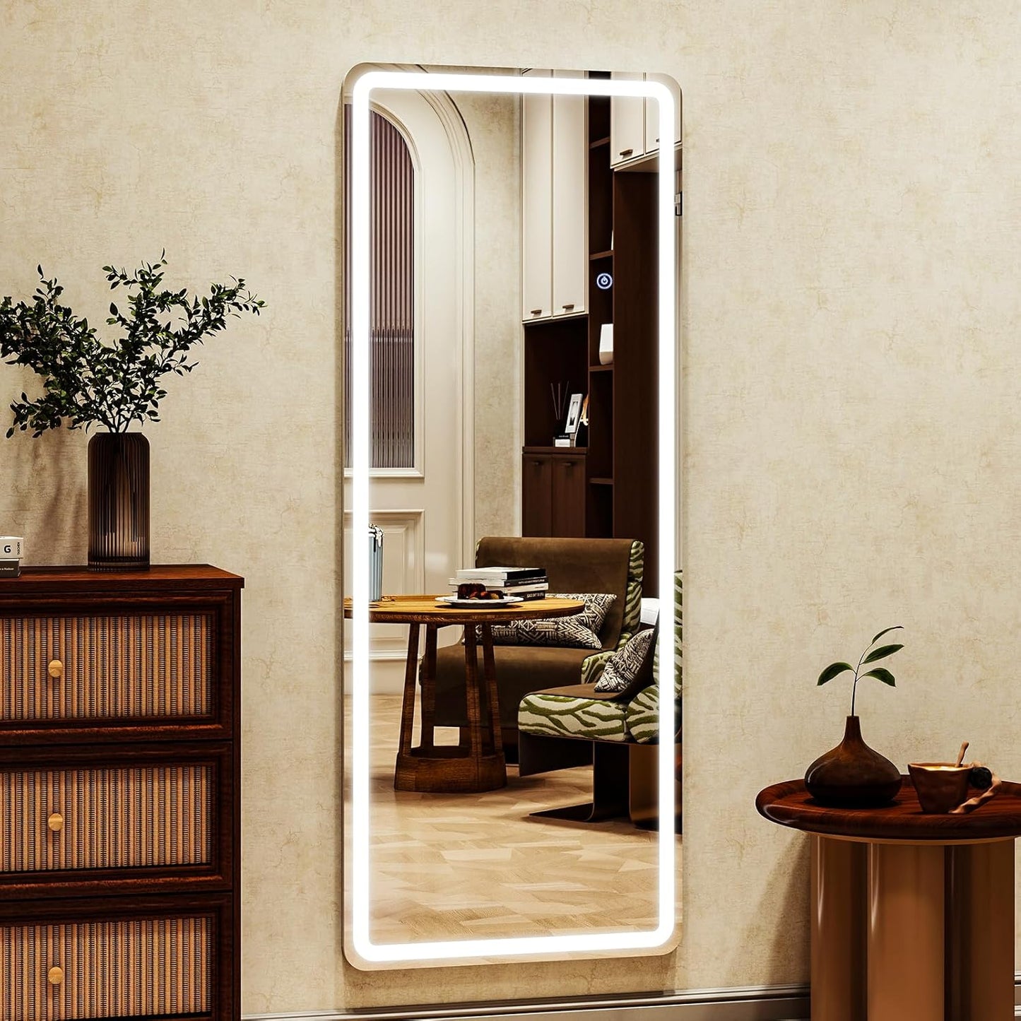 LED Rectangular Corner White Full Length Mirror - 21“ x 64” Brightness Adjustable, Touch Screen Control, Wall Mounted or Freestanding, for Bedroom Living Room Cloakroom Dressing Mirror