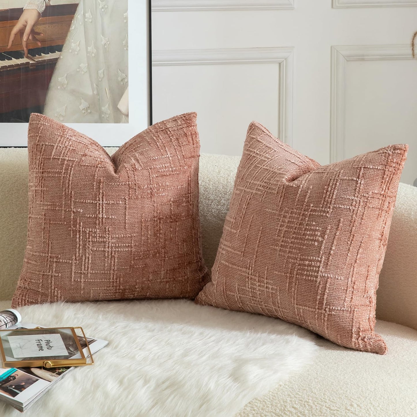 MANDIOO Pack of 2 Soft Chenille Textured Throw Pillow Covers Square Accent Solid Decorative Cushion Cover Cozy Farmhouse Pillow Case for Couch Sofa Bed Living Room 18x18 Inch Dusty Pink