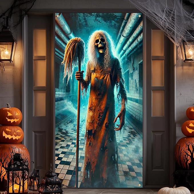 IVN Horror Door Banner 35x71 Inch Skeleton With Long White Hair Holding Mop Abandoned Corridor Background Blue Light Smoke Haunted Halloween Porch Decoration Scary Spooky Horror Theme