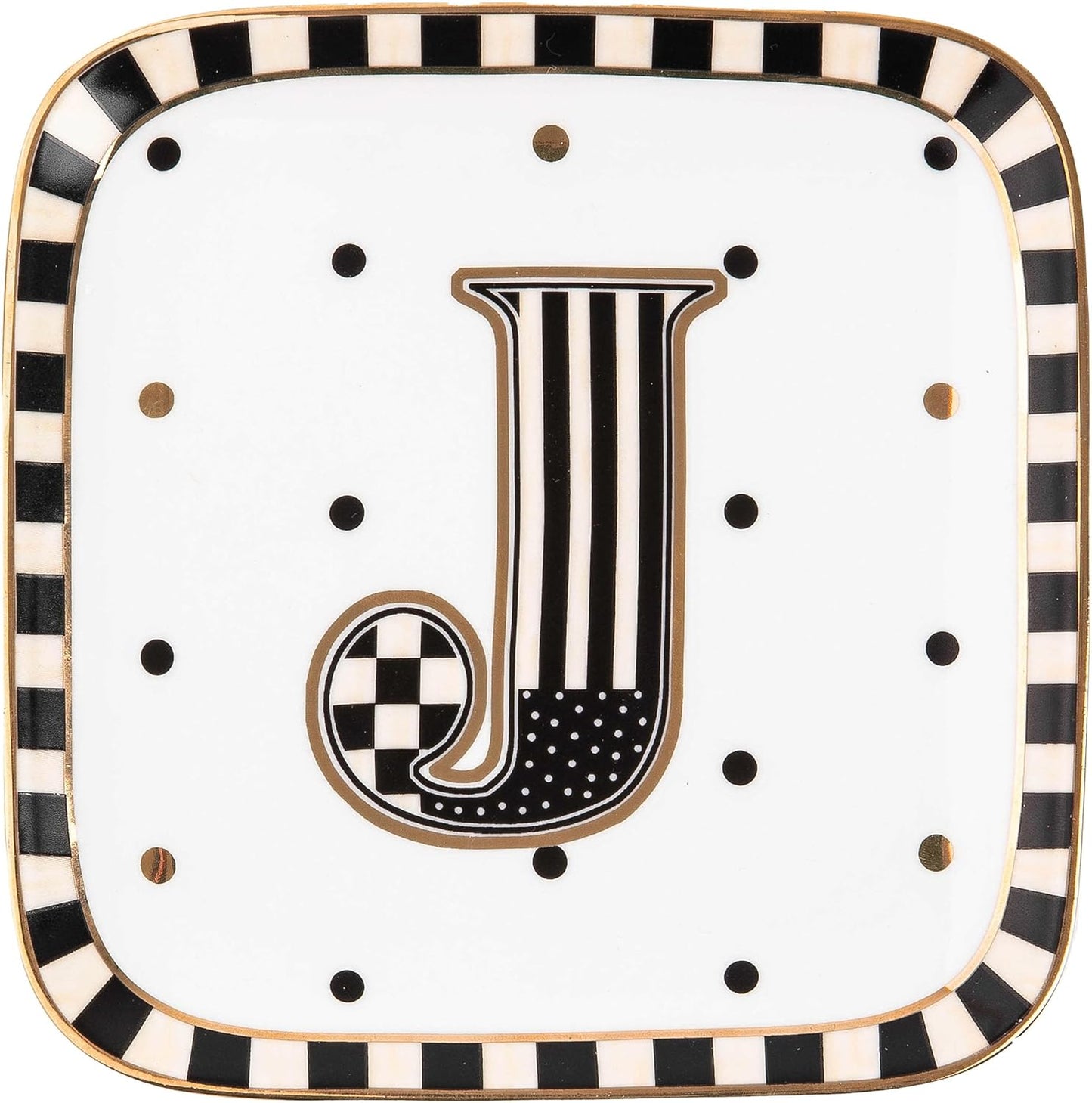 MACKENZIE-CHILDS Monogram Dish, Decorative Ceramic Letter Plate, 5 3/4" Square, J