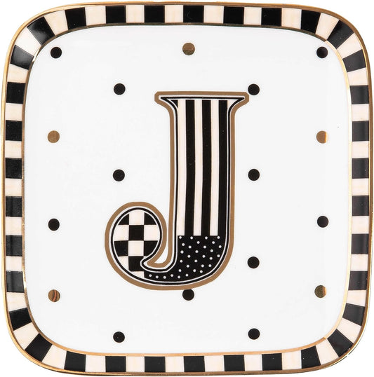 MACKENZIE-CHILDS Monogram Dish, Decorative Ceramic Letter Plate, 5 3/4" Square, J