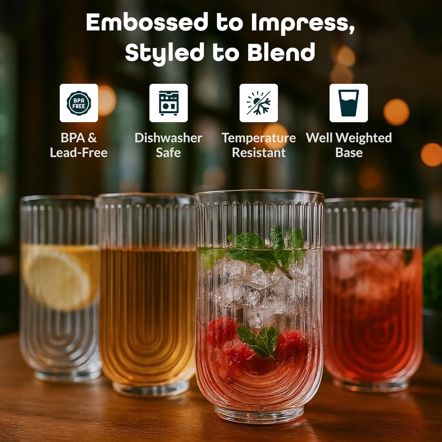 Glaver's Vintage Glassware Art Deco Glasse Ribbed Drinking Glasses U-Shape Arch Design Colored Cocktail Kitchen Tumblers Everyday Dinner Decorative Party (Clear S/4 17oz)