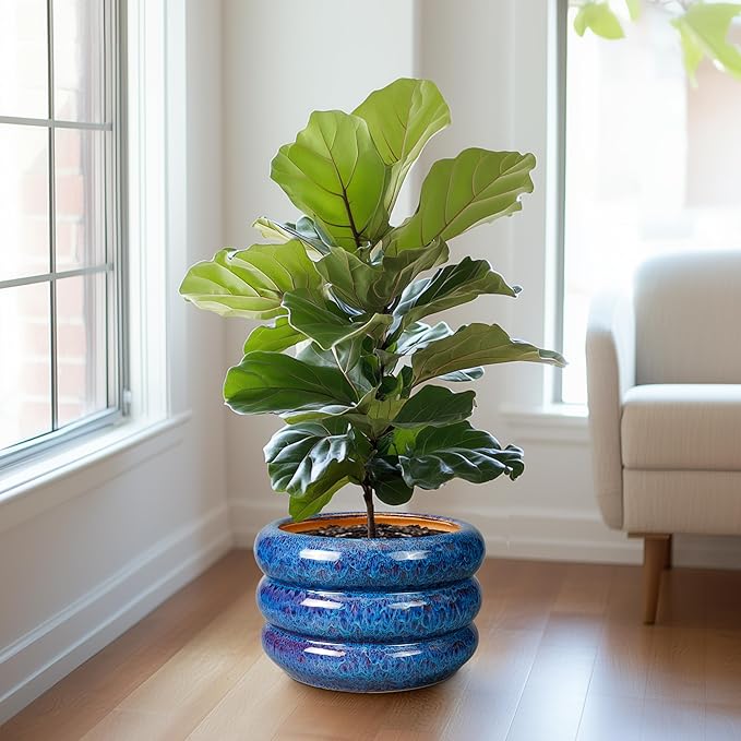 SQOWL Ceramic Pot for Plants 13.5 Inch - Outdoor Planter Large Plant Pot Indoor with Drainage Hole Round Flower Pot Mid-Century Planter for Patio Outdoor Decor Blue