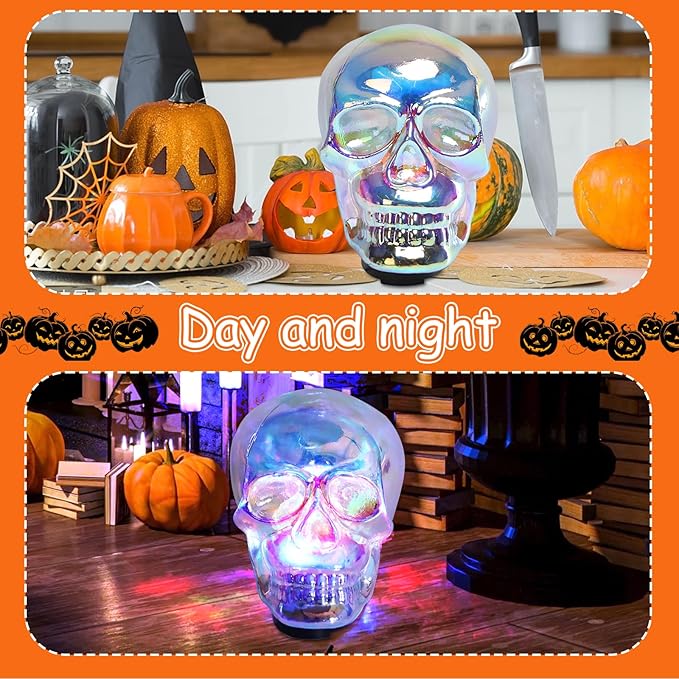 VCUTEKA Halloween Skull Human Light Indoor Decoration Skull Statue Halloween Sculptures with Colorful Light for Party Horror Decoration Holiday Decor Glass Figurines Gift