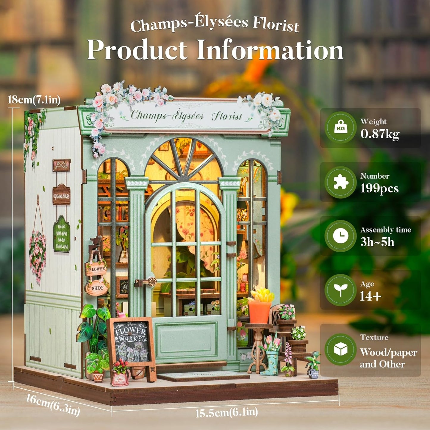 Fsolis Book Nook Kit, DIY Bookshelf Miniature Kit for Adults Tiny House 3D Puzzles Booknook Flower Shop Craft Gifts for Women Teenagers Book Lovers (Champs-Élysées Florist)