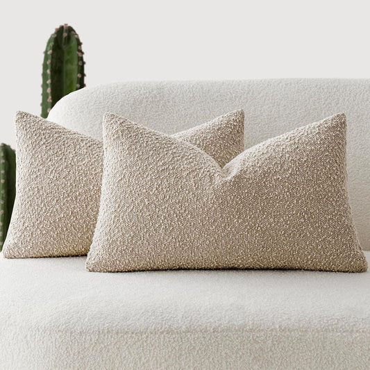 Foindtower Pack of 2 Textured Boucle Throw Pillow Covers Accent Solid Lumbar Pillow Cases Cozy Soft Decorative Couch Cushion Case for Chair Sofa Bedroom Living Room Home Decor, 12 x 20 Inch,Oatmeal