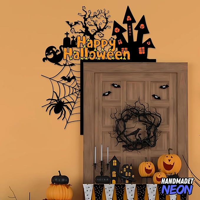 Personalized Metal Happy Halloween Door Toppers, Custom Haunted House Ghosts Spider Web Door Corner Sign, UV Printed Spooky Frame Top Decorative Creative Silhouette Wall Art Decor