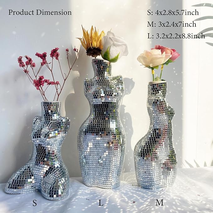 Modern Chic Vase, Handmade Ceramic Disco Flower Vase for Office Bedroom Living Room, Modern Bohemian Home Decoration,Silver,4x2.8x5.7inches