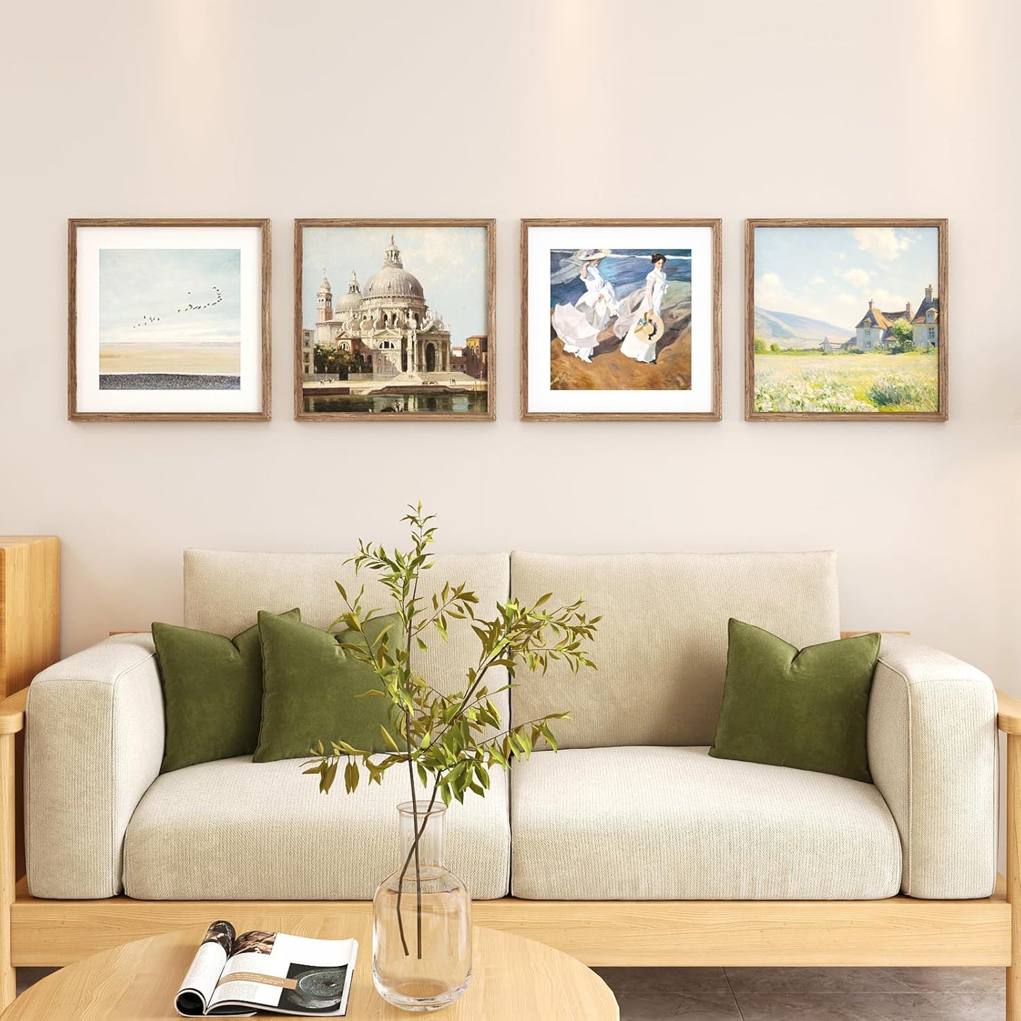 KINLINK 16x16 Picture Frame, Brown Square Solid Wood Frames for Pictures 12x12 with Mat or 16x16 without Mat, Wall Display Photo Frames Brown Wood 4 Pack