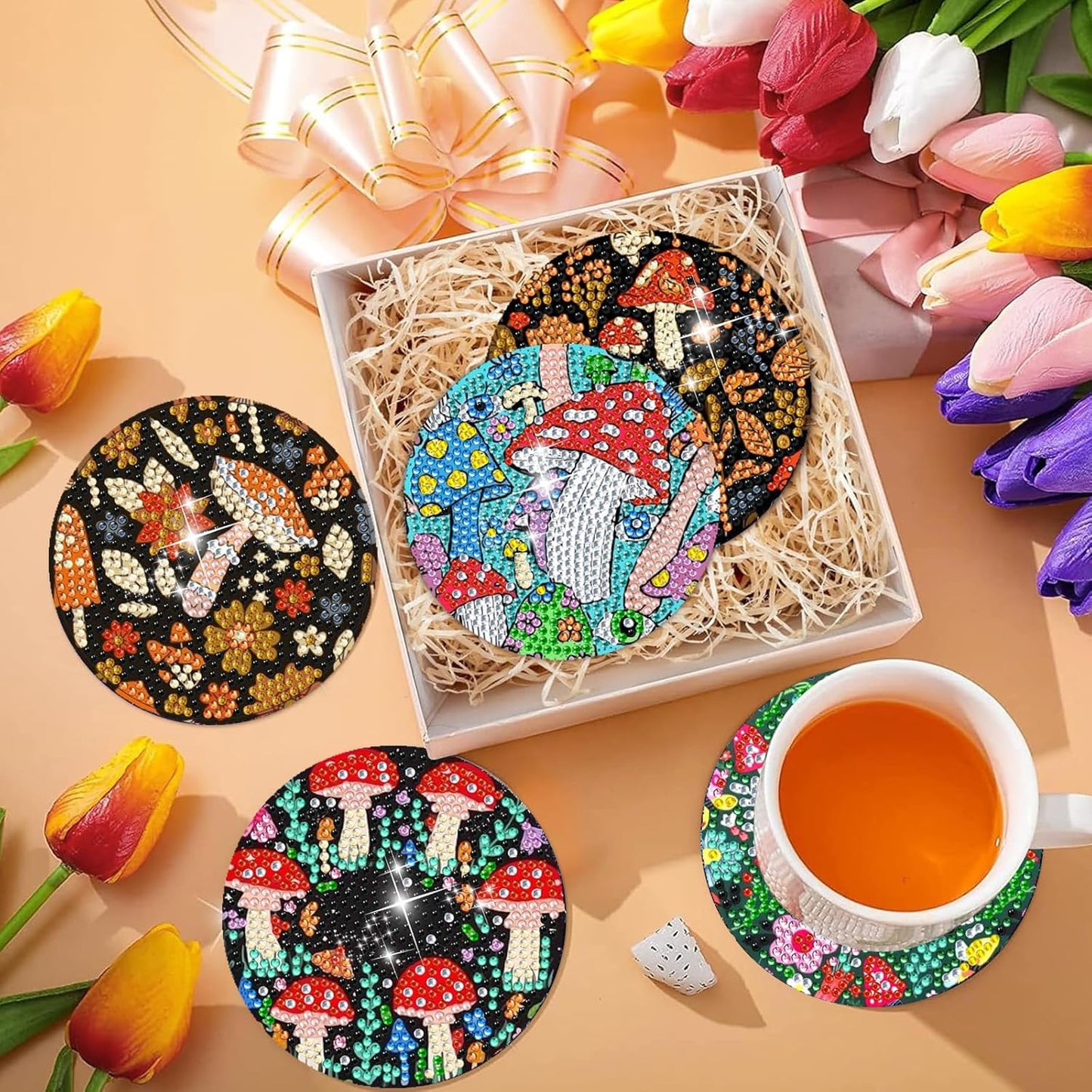 DOZEEZOP 8 PCS Diamond Art Coasters Kit, Mushroom Diamond Painting Coasters with Holder, Fall Diamond Art Kits for Adults Beginners, Arts and Crafts Supplies Party Item Sets