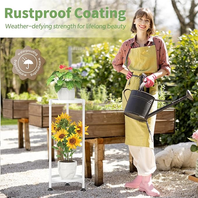 KMOTASUO 2 Tier Plant Stand Indoor for Large Tall Heavy Duty Planter, Multiple Sturdy Metal Flower Corner Rack for Narrow House Floor, Iron Vertical Level Round Orchi Holder Organizer, White