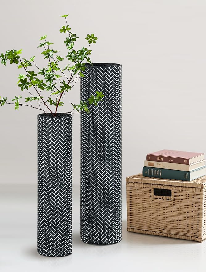 Sziqiqi Black Tall Floor Vase: 27.6/21.7in Metal Modern Cylinder Floor Vases - Woven Texture Extra Large Decorative Vase Set of 2 Home Decor for Living Room Bedroom Home Corner Indoor Office