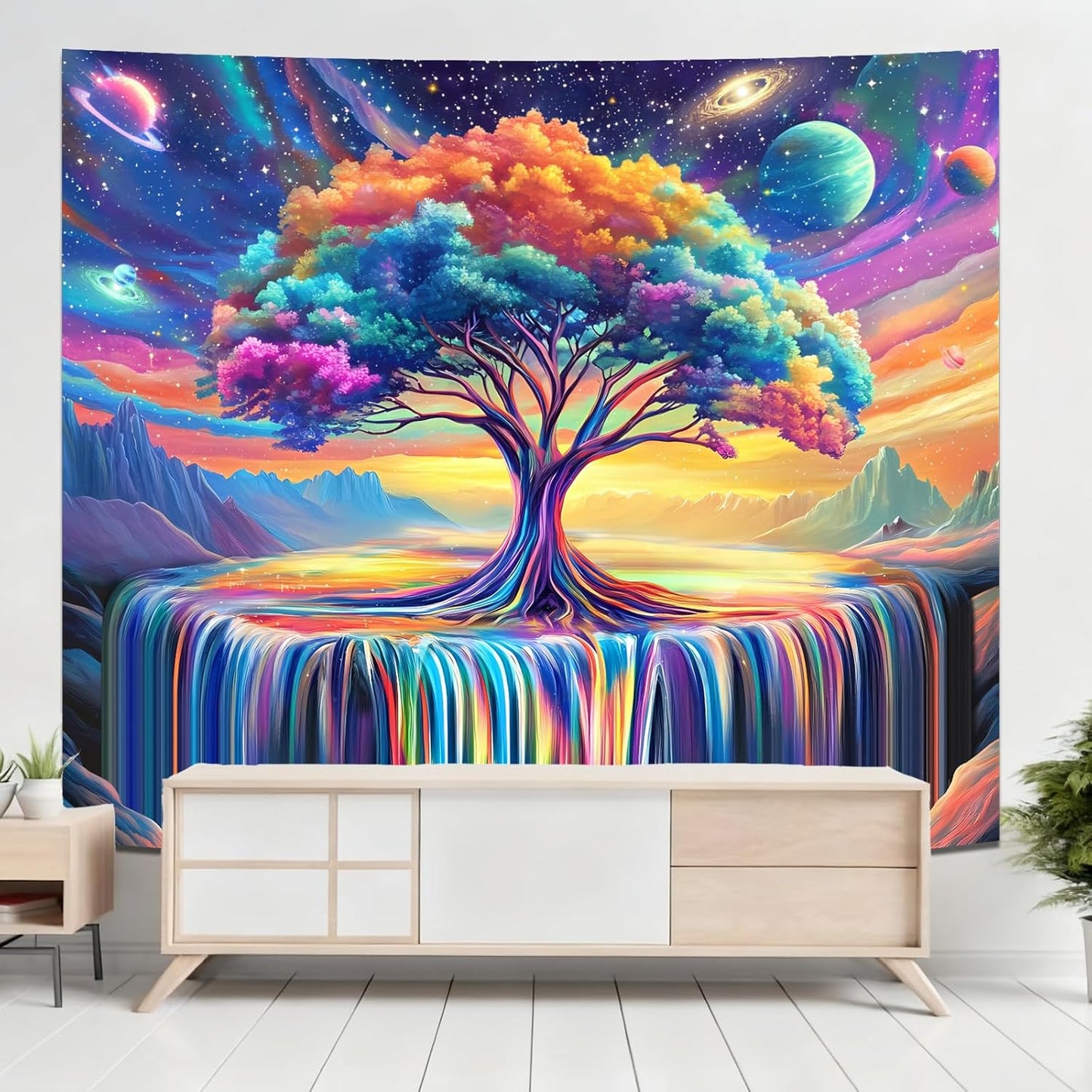 Extra Large Blacklight Tree of Life Tapestry for Bedroom, Black Light Posters Space Galaxy UV Reactive Art Tapestries Aesthetic, Colorful Starry Sky Wall Hanging for Adults Living Room Dorm Decor (71"x90")