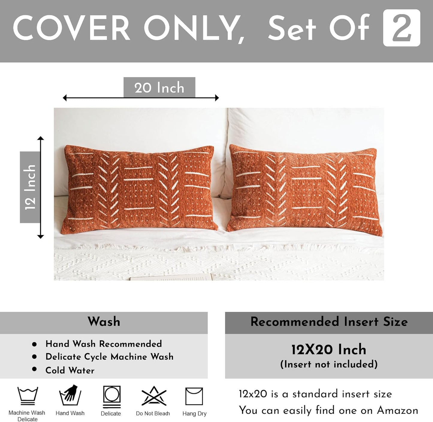 BlissBlush Fall Brick Red Decorative Lumbar Throw Pillow Covers 12X20, Set of 2, Rust Boho Farmhouse Cushion Cover, Soft Accent Pillowcase for Couch Sofa Bed Living Room Home Décor