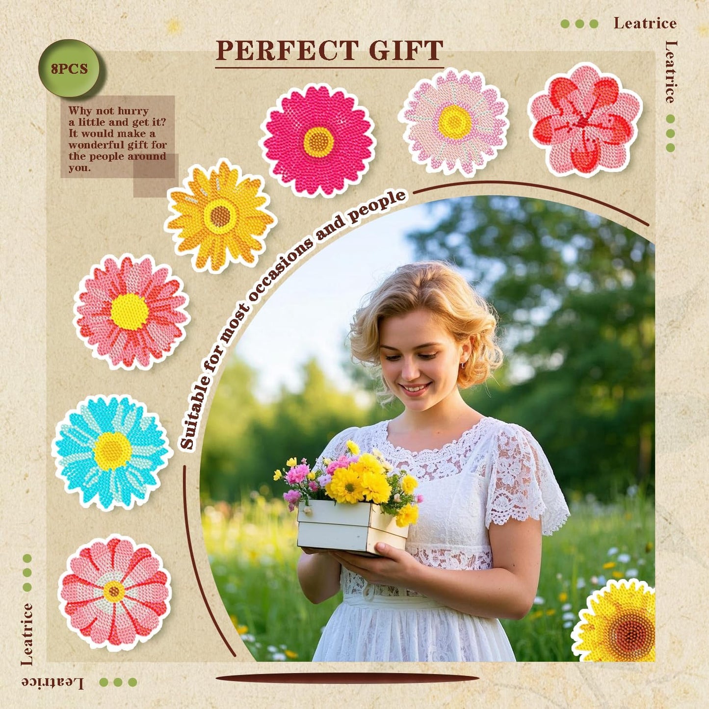 Leatrice 8PCS Flower Diamond Art Coasters Small Diamond Painting Kits for Adults Beginners Women Gem Art Coasters with Holder Funny DIY Crafts for Home Decor