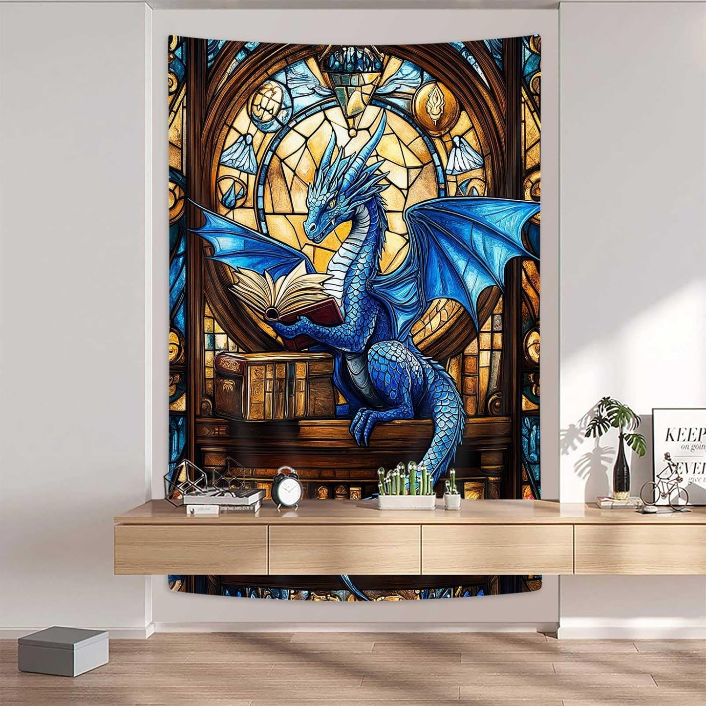 DYNH Blue Book Dragon Art Tapestry,Vintage Medieval Dragon Reading Books Wall Decor,Bookshelf Stained-glass Window Wall Hanging for Classroom Home Bedroom Living Room,50X60Inches