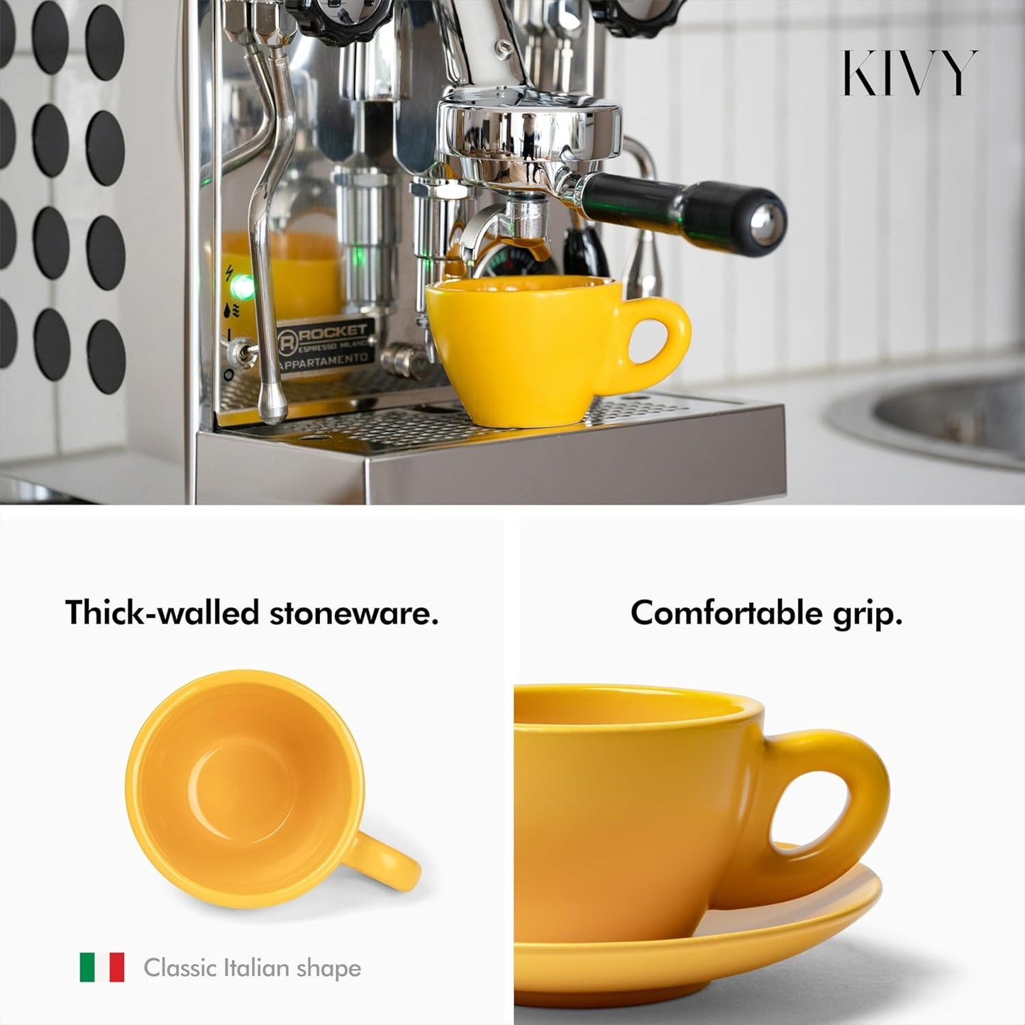 KIVY Cappuccino Cups Set of 4 [Set 4x 8oz] - Thick-Walled Stoneware Cappuccino Cup Set for Latte Art - Latte Art Mugs - Italian Capuccino Cups - Capuccino Ceramic Latte Cup and Saucer - Yellow