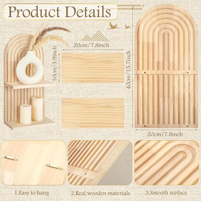 Geetery 2 Pcs Arch Wood Floating Shelf Mid Century Rainbow Wall Shelves Modern Boho Wall Shelf Retro Mounted Wood Arch Decor for Bedroom Living Room Classroom Bathroom Display(2 Tier)