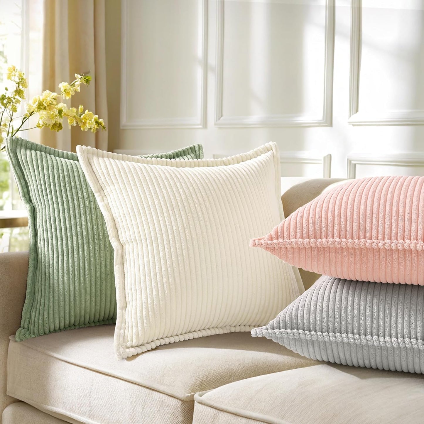 decorUhome Christmas Corduroy Cream White Throw Pillow Covers 12x20 Set of 2 Decorative Soft Boho Farmhouse Lumbar Euro Couch Pillow Covers for Living Room Bed Sofa Broadside Striped Pillow Cases