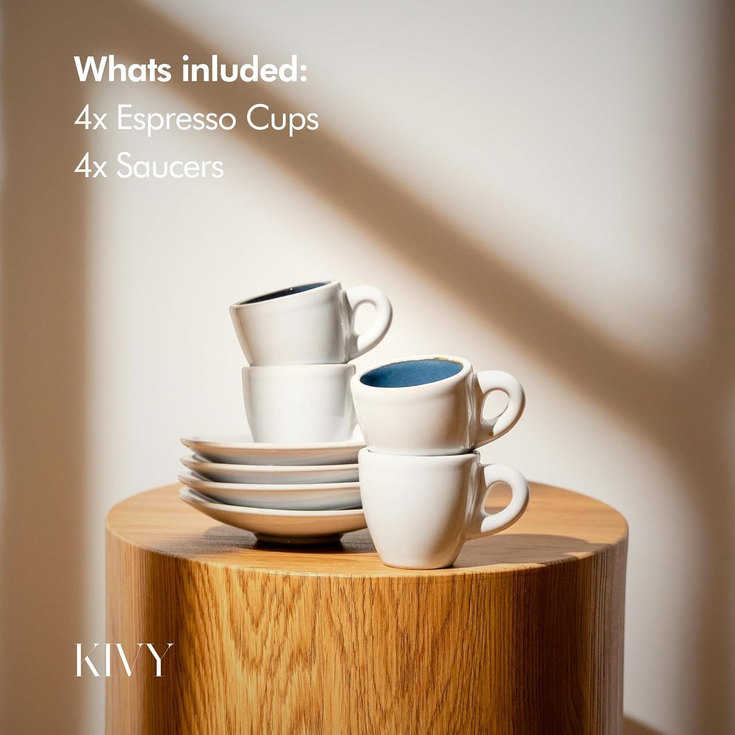 KIVY 3 oz Espresso cups set of 4 - Thick walled stoneware espresso cup set - Italian style espresso cups and saucers - Expresso shots cup - Small coffee mugs and saucers - Blue