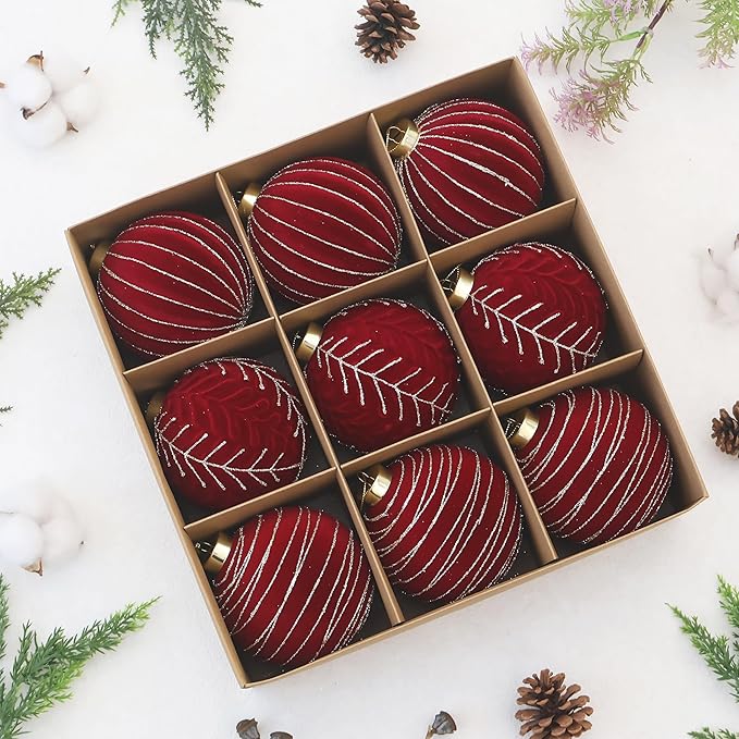 4inch Velvet Ornaments for Christmas Tree, 9PCS Glitter Flocked Christmas Ornaments Decorations Balls Set Decor Red