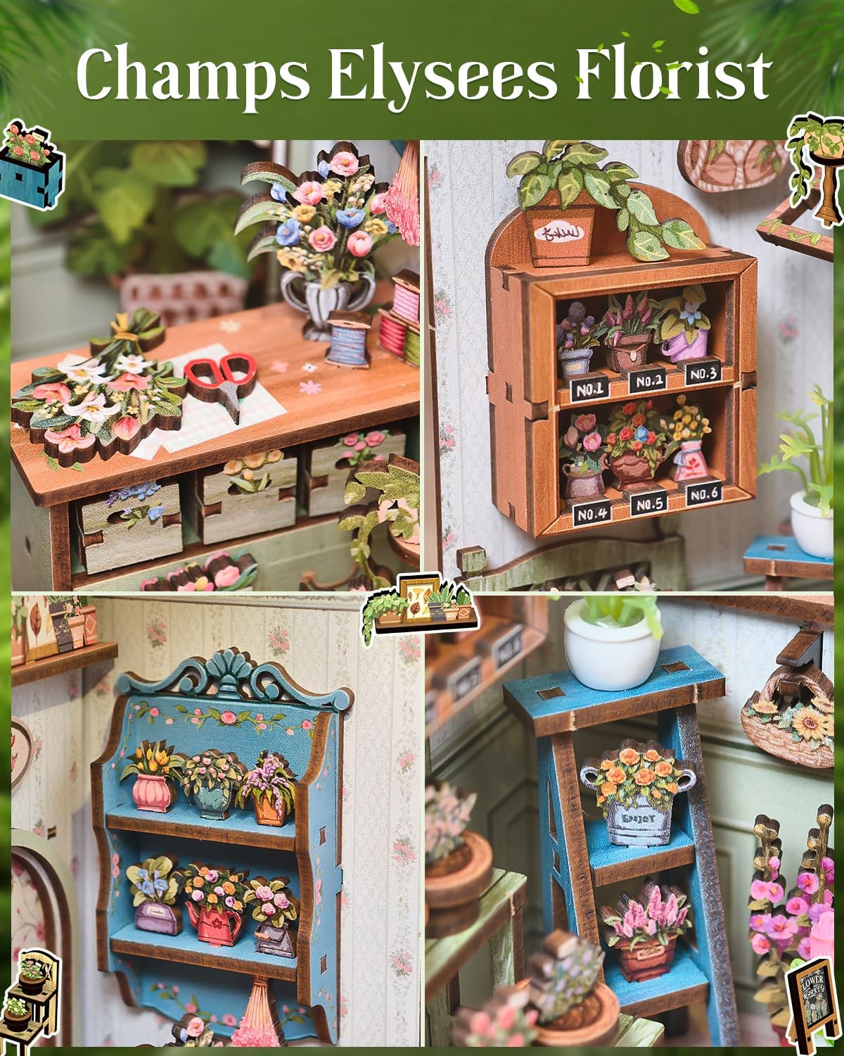 Cutefun Book Nook Kit - DIY Miniature Dollhouse Kit for Adults and Teens, French Flower Shop Mini House Building Kit with LED, 3D Wooden Puzzle for Beginner Creative Gifts (Champs-Élysées Florist)