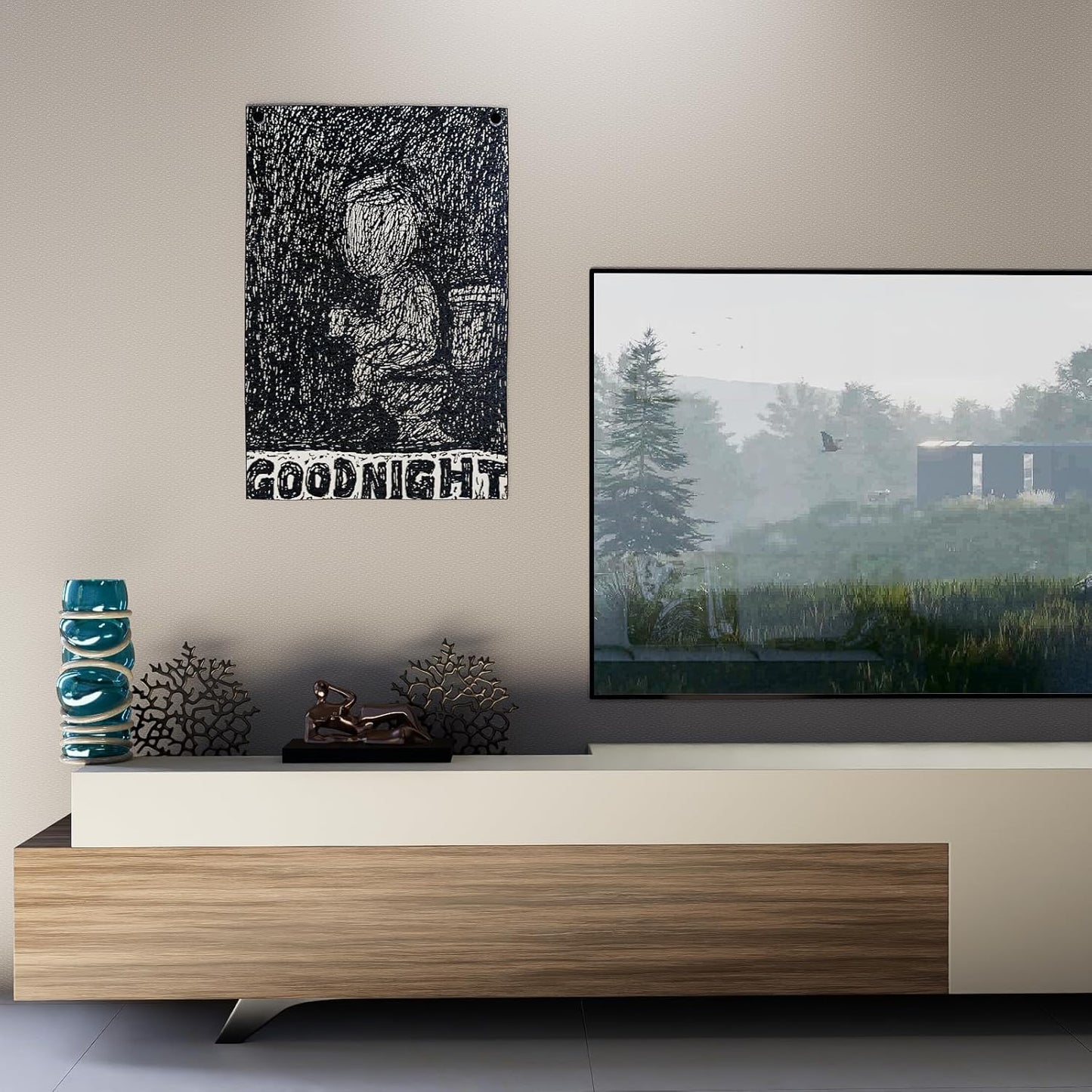 Gallery-Grade Woven Fabric Art:Original Art "GOOD NIGHT" Textile - Woven Wall Decor & Cover for Furniture