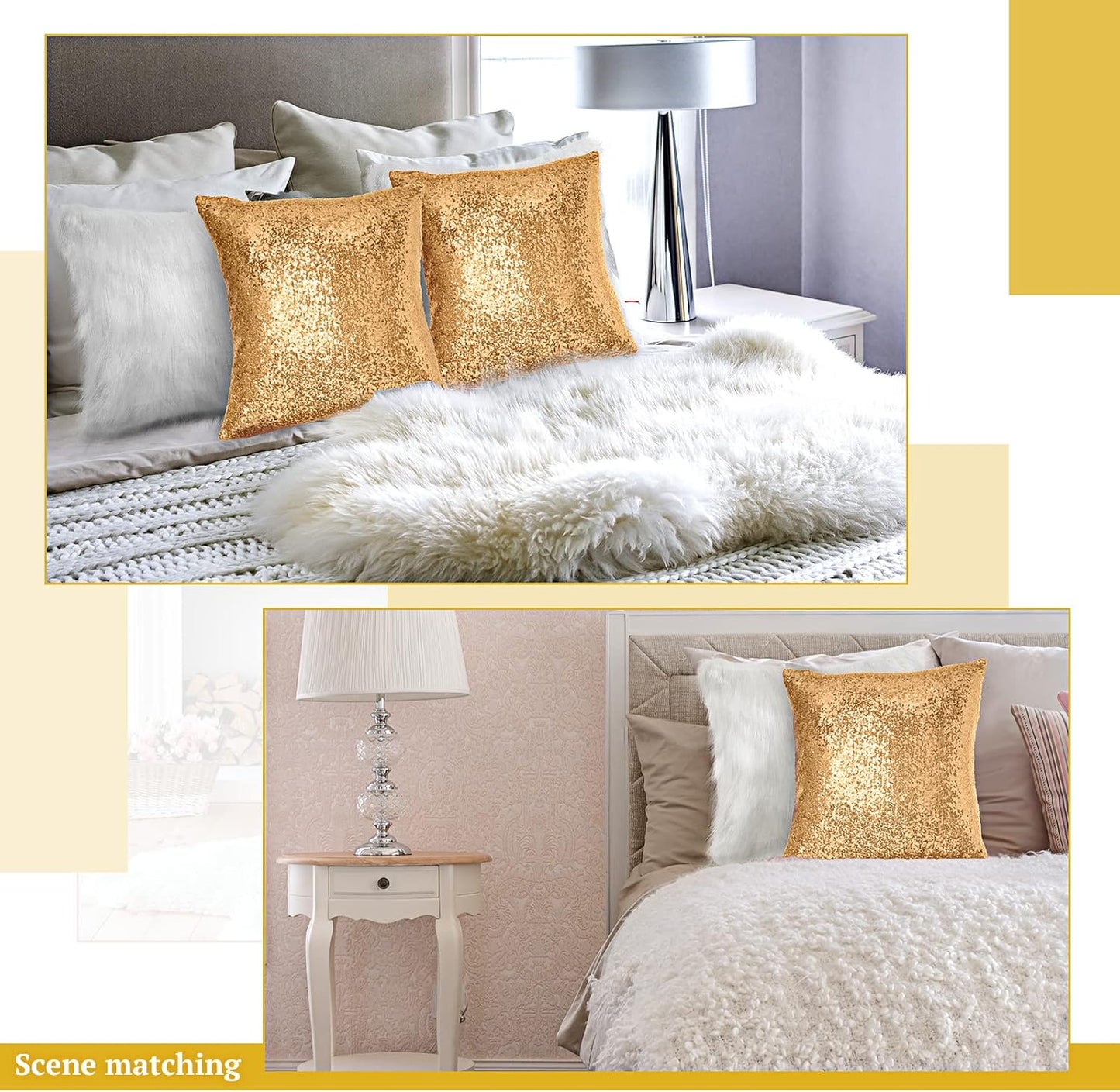 Irenare 4 Pcs Sequin and Fluffy Pillow Covers Winter Throw Pillow Cases Soft Cushion Cover for Couch Bed Sofa Xmas Day(18 x 18 Inch,Gold, White)