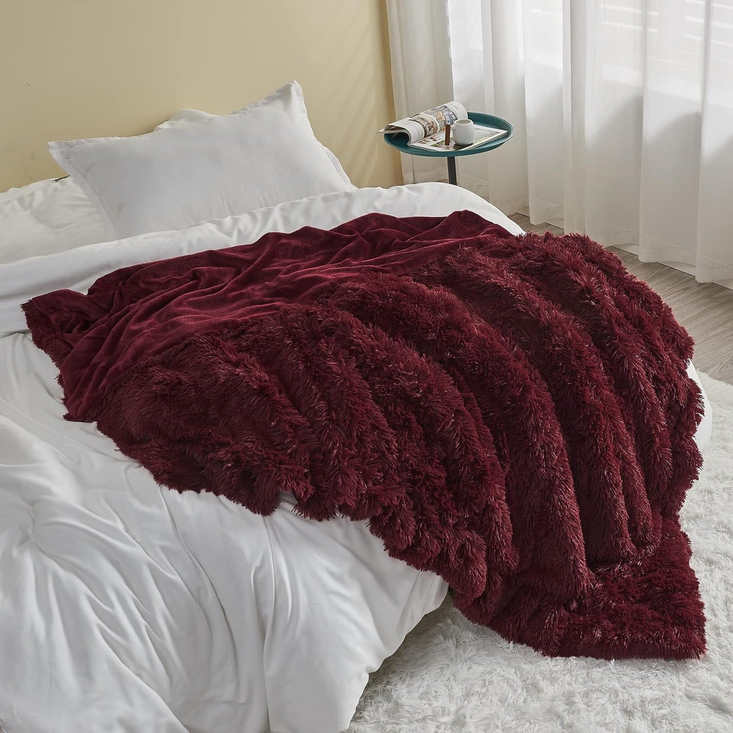 GONAAP Fuzzy Faux Fur Throw Blanket Wine Red Super Soft Cozy Plush Fuzzy Shaggy Blanket for Couch Sofa Bed (Wine Red, Throw(50"x60"))