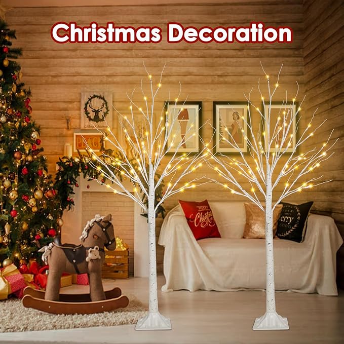 2-Pack 4FT Lighted Birch Tree for Indoor Christmas Decorations Outdoor, Higher Size, Timer Function Birch Christmas Tree with 96 LED Warm White Lights for Home Decor Bedroom Thanksgiving Party Garden