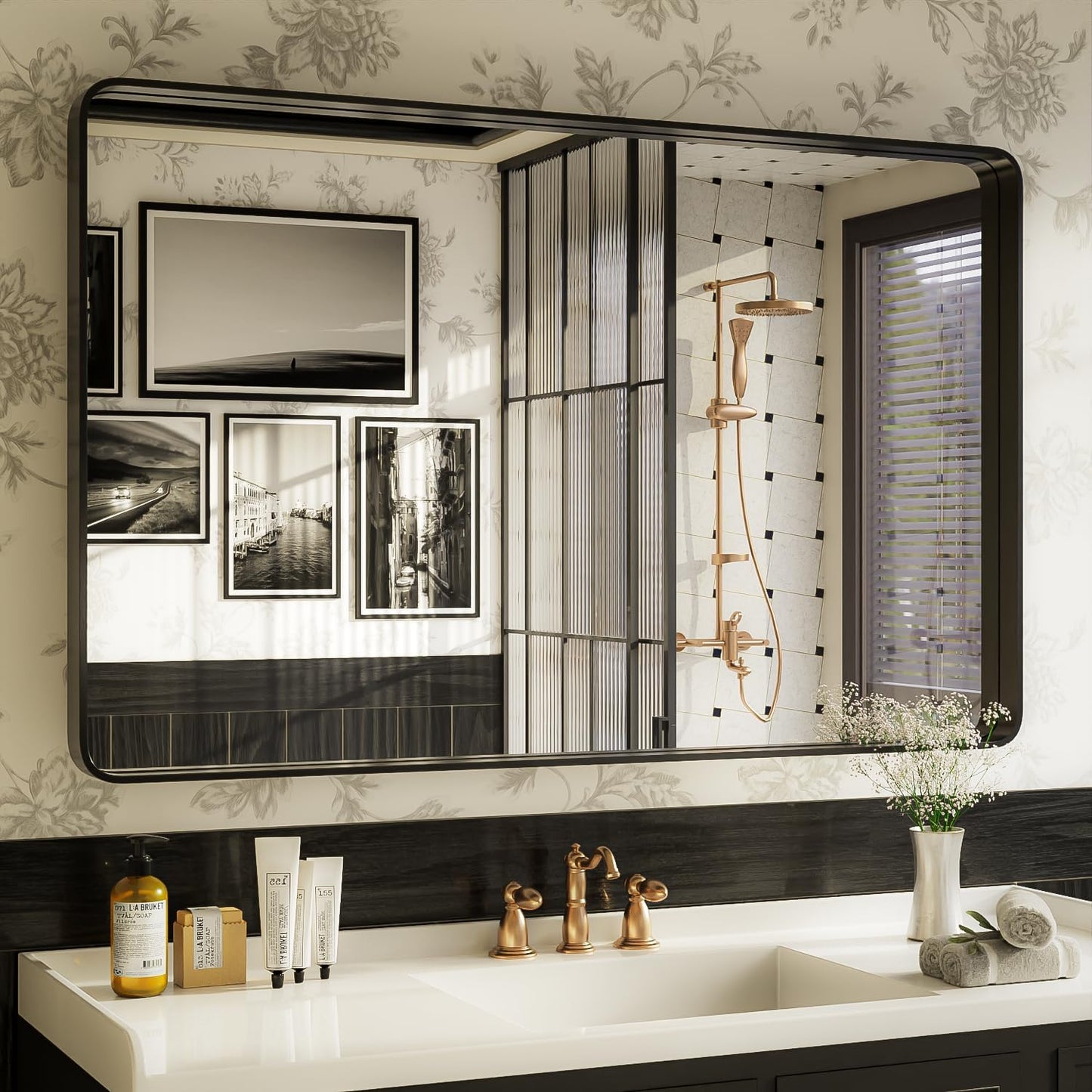 ISKM 48x30 Inch Black Metal Framed Bathroom Mirror for Wall Rectangle Mirror for Vanity Anti-Rust Tempered Glass Decorative (Horizontal/Vertical)