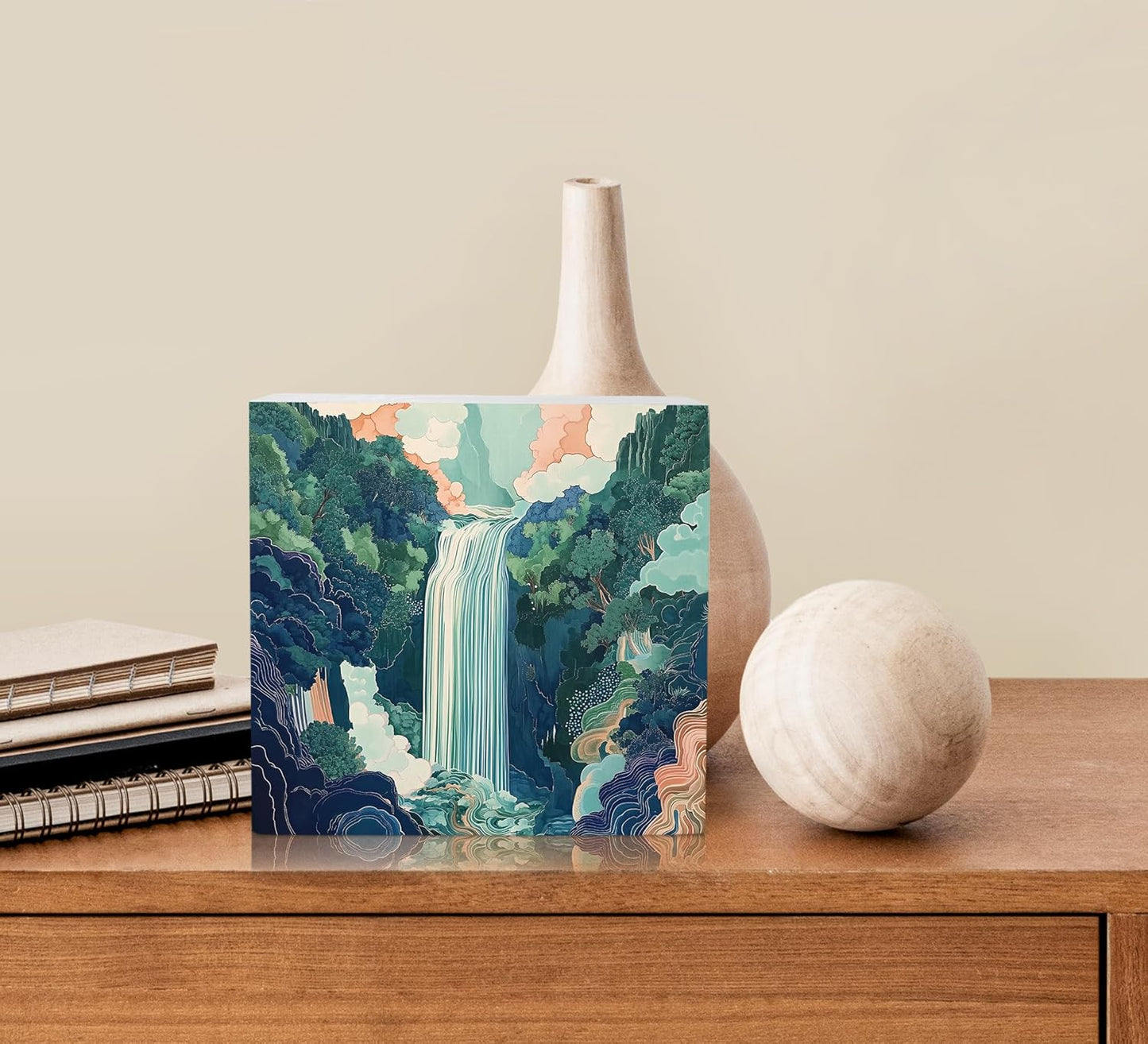 Ku-Dayi Blue and Green Waterfall Abstract Wooden Box Sign, Mountain River Forest Wood Box Decorations for Home Office, Nature Japanese Forest Landscape Wooden Block Plaque Desk Shelf Decor 5x5 Inch