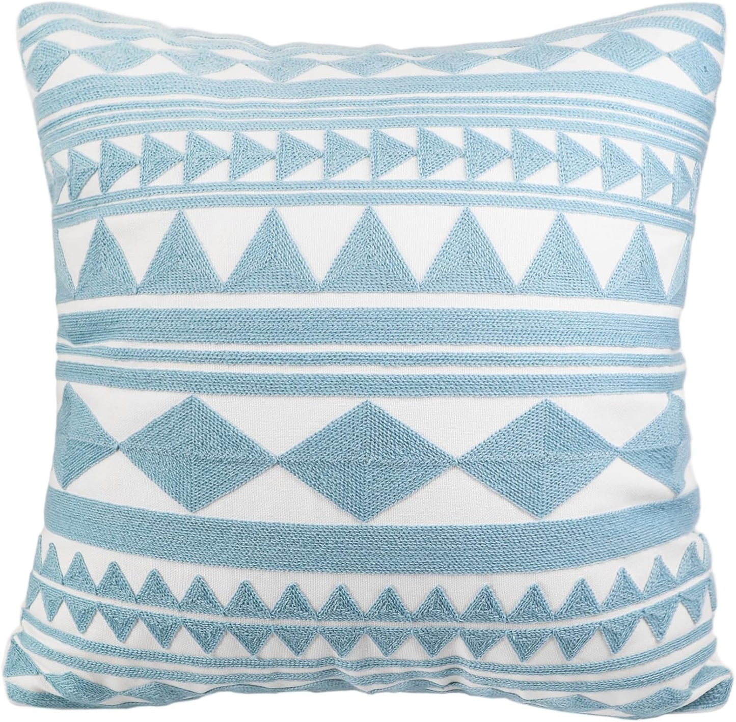 Embroidery Throw Pillow Cover 18x18 Home Décor Light Blue Geometric Cushion Cover Diamond Triangle Pillow Case Teal Floor Pillow Cover for Couch Sofa Chair 100% Cotton 45x45cm, 1 Piece