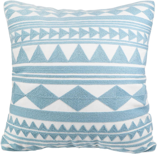 Embroidery Throw Pillow Cover 18x18 Home Décor Light Blue Geometric Cushion Cover Diamond Triangle Pillow Case Teal Floor Pillow Cover for Couch Sofa Chair 100% Cotton 45x45cm, 1 Piece
