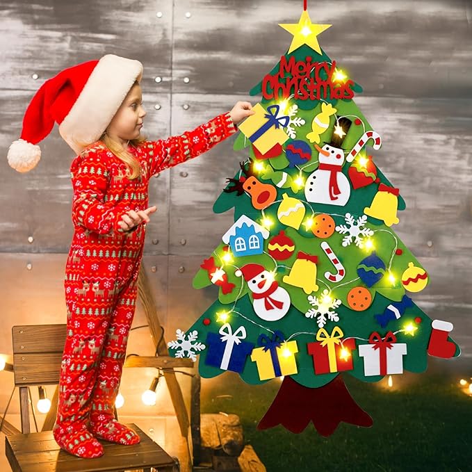 3.2 Ft Felt Christmas Tree for Toddlers with 32 Detachable Ornaments and String Lights, Xmas Gifts, Door Wall Hanging Decorations Indoor