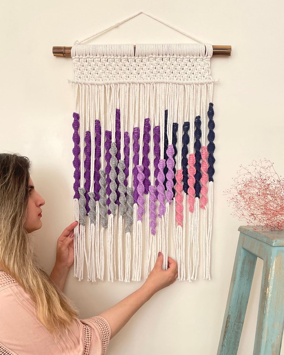 Knots & Beyond Purple Macrame Wall Hanging with Driftwood Dowel, Bohemian Tapestry Wall Art with Rod, Boho Wall Decor Above Bed, 22" x 32"