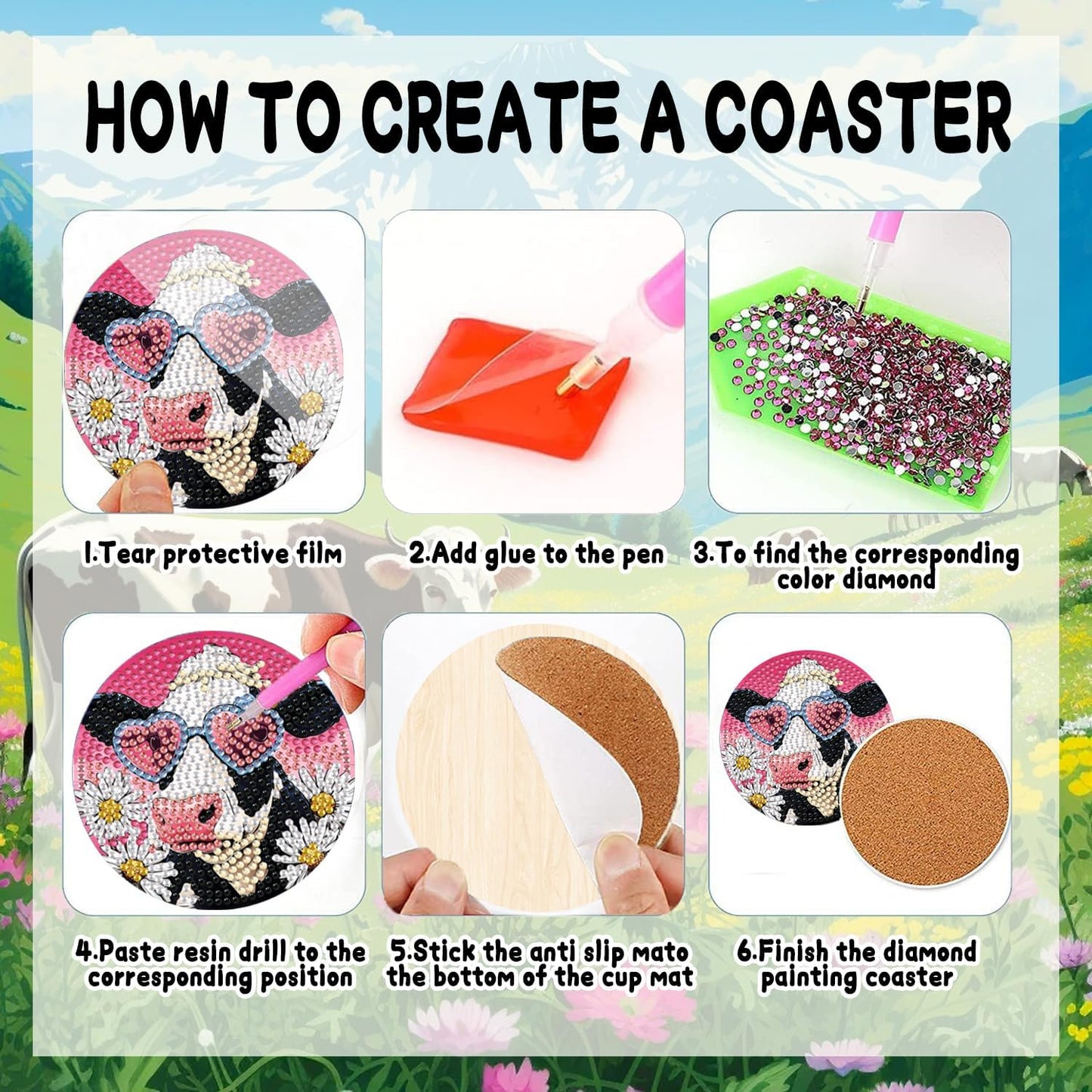 DOZEEZOP 8 PCS Diamond Art Coasters Kit, 5D Diamond Painting Coasters with Holder, Fall Small Diamond Art Kits for Adults Beginners, Diamond Dots Arts and Crafts Supplies Cow