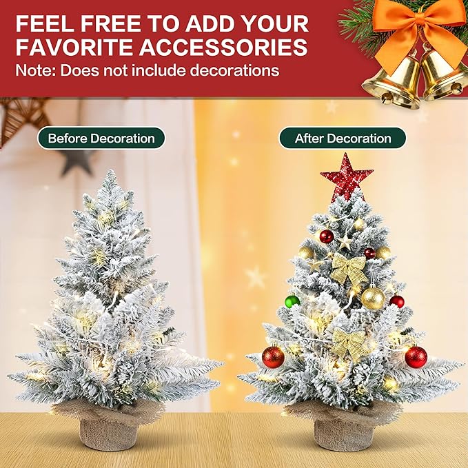 2ft Pre-Lit Artificial Mini Christmas Tree,24 Inch Snowy Flocked Small Tabletop Christmas Tree with LED Light,White Xmas Pine Tree for Home Desk Indoor Decor, Perfect with Burlap Base
