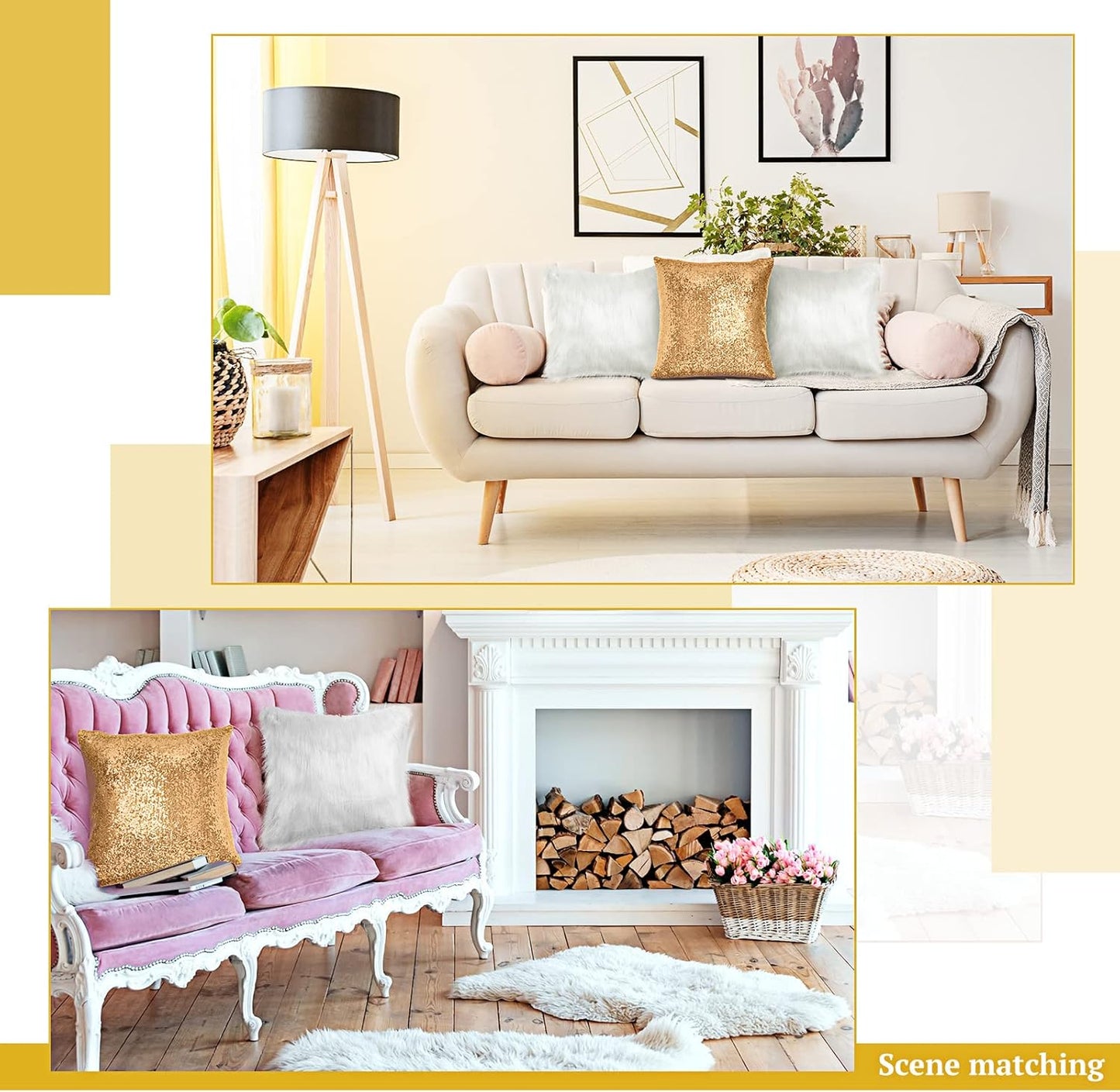 Irenare 4 Pcs Sequin and Fluffy Pillow Covers Winter Throw Pillow Cases Soft Cushion Cover for Couch Bed Sofa Xmas Day(18 x 18 Inch,Gold, White)