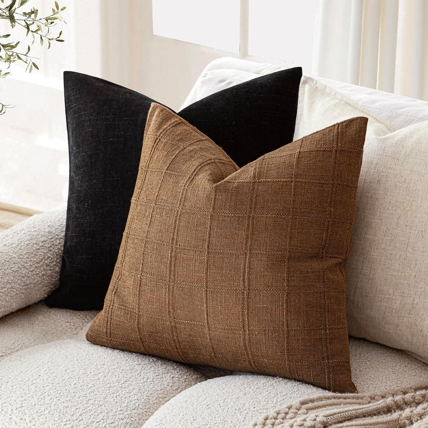 Foindtower Set of 2 Decorative Linen Check Throw Pillow Covers Neutral Farmhouse Vintage Cushion Covers Modern Boho Home Decor for Sofa Chair Couch Bedroom Living Room,22×22 Inch,Brown Hazel