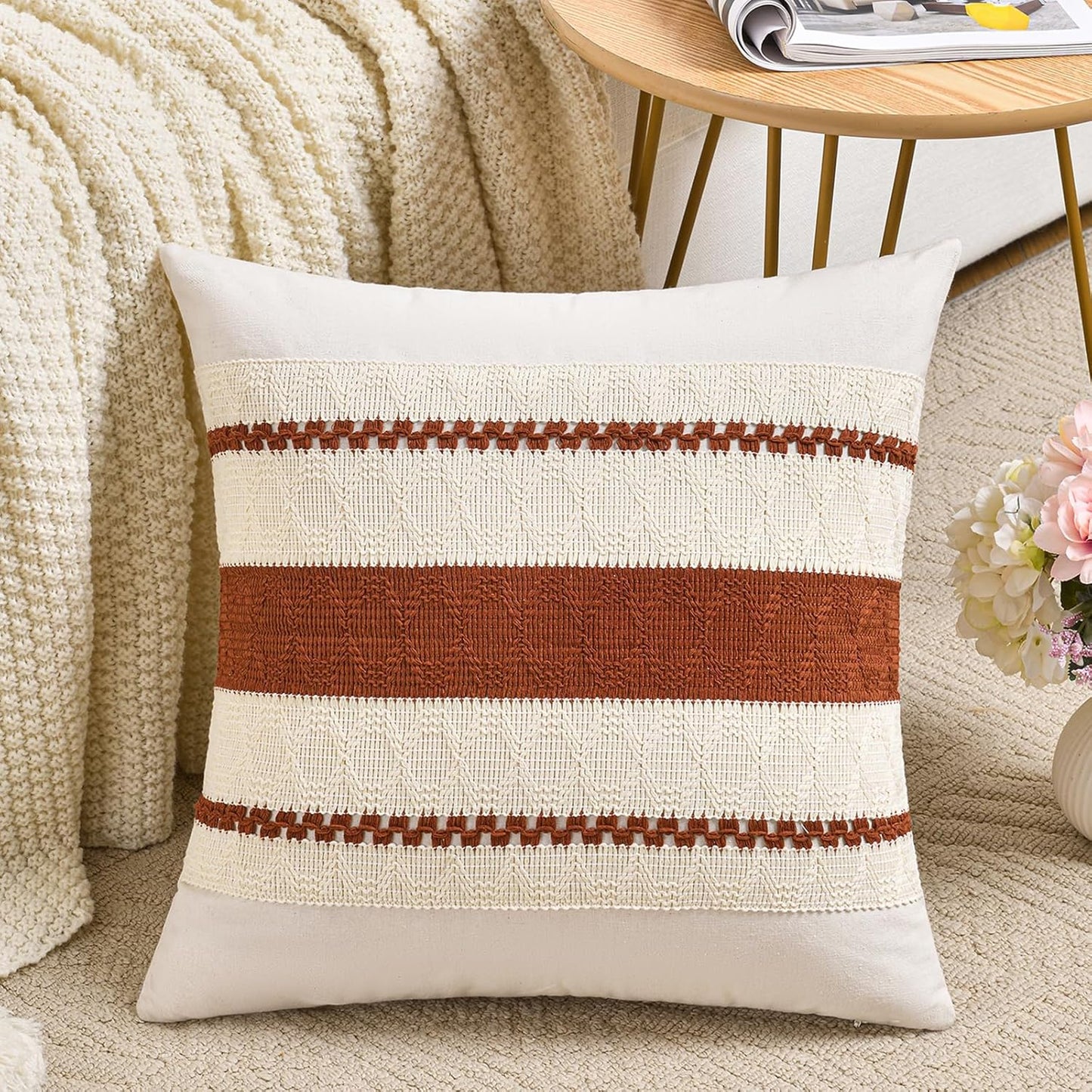 Fancy Homi Set of 1 Rust Boho Big Decorative Throw Pillow Covers 24x24 Inch for Couch Bed Sofa, Aesthetic Modern Organic Fall Room Decor, Soft Cotton Terracotta Textured Farmhouse Cushion Case