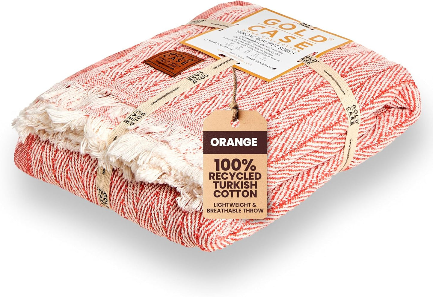 Gold Case Throw Blanket for Couch - 100% Recycled Turkish Cotton Blankets & Throws - Vintage Soft Throw Blankets for Living Room - Boho Decorative Woven Couch Blanket - 50x60 - Orange