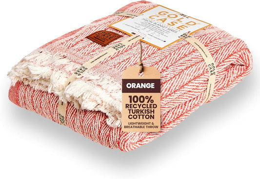 Gold Case Throw Blanket for Couch - 100% Recycled Turkish Cotton Blankets & Throws - Vintage Soft Throw Blankets for Living Room - Boho Decorative Woven Couch Blanket - 50x60 - Orange