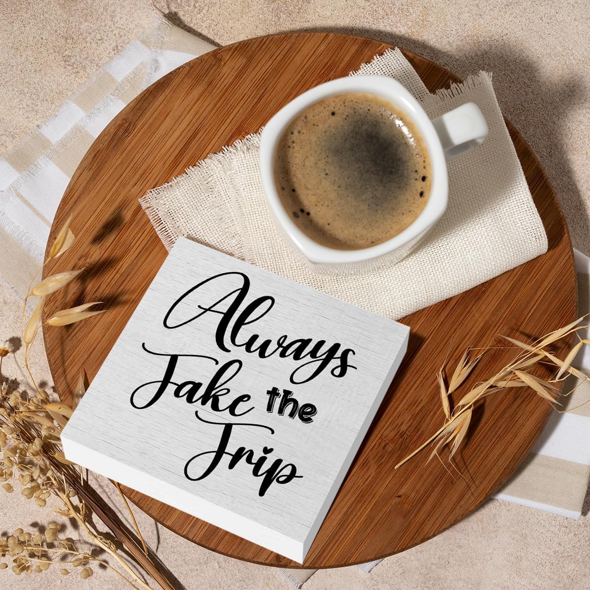 Funny Trip Travel Essentials Rustic Wooden Box Sign, Desk Decor Inspirational Adventurer Gift Office Desk Accessories for Table Shelf Home Classroom Cubicle Decorations Wood Block Box Traveler Sign