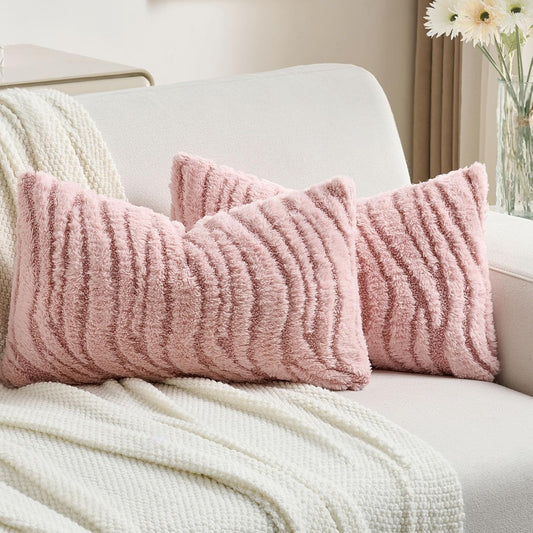 FUTEI Pink Decorative Throw Pillow Covers 12x20 Inch Set of 2,Soft Faux Fur Geometric Shapes Texture Pillowcase,Boho Home Decor for Couch Bed Living Room