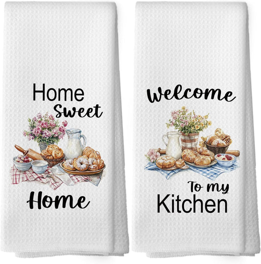Home Sweet Home Kitchen Towels - Bread Floral Dish Towels, Gifts for Chef, Farmhouse Plaid Decorative Absorbent Dishcloths Hand Towels Set of 2 for Kitchen Cooking Baking Decor 16x24 Inches