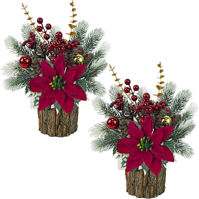 TORONTOKYO 2 Pack Small Christmas Tree Artificial Mini Tabletop Christmas Tree with Red Poinsettia Flower Berries Pine Cones Fake Potted Plant for Home Table Fireplace Mantel Indoor Xmas Decor