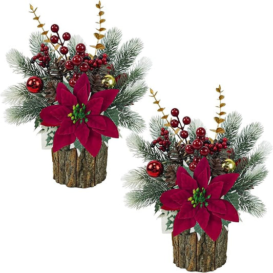 TORONTOKYO 2 Pack Small Christmas Tree Artificial Mini Tabletop Christmas Tree with Red Poinsettia Flower Berries Pine Cones Fake Potted Plant for Home Table Fireplace Mantel Indoor Xmas Decor