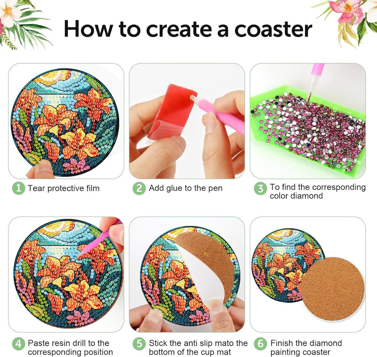 Meothan 8 Pack Diamond Art Coasters Kit-Flowers Diamond Painting Coasters Kits with Holder Cork Pads DIY Flower Diamond Coasters Set for Adults Beginners Crafts Supplies