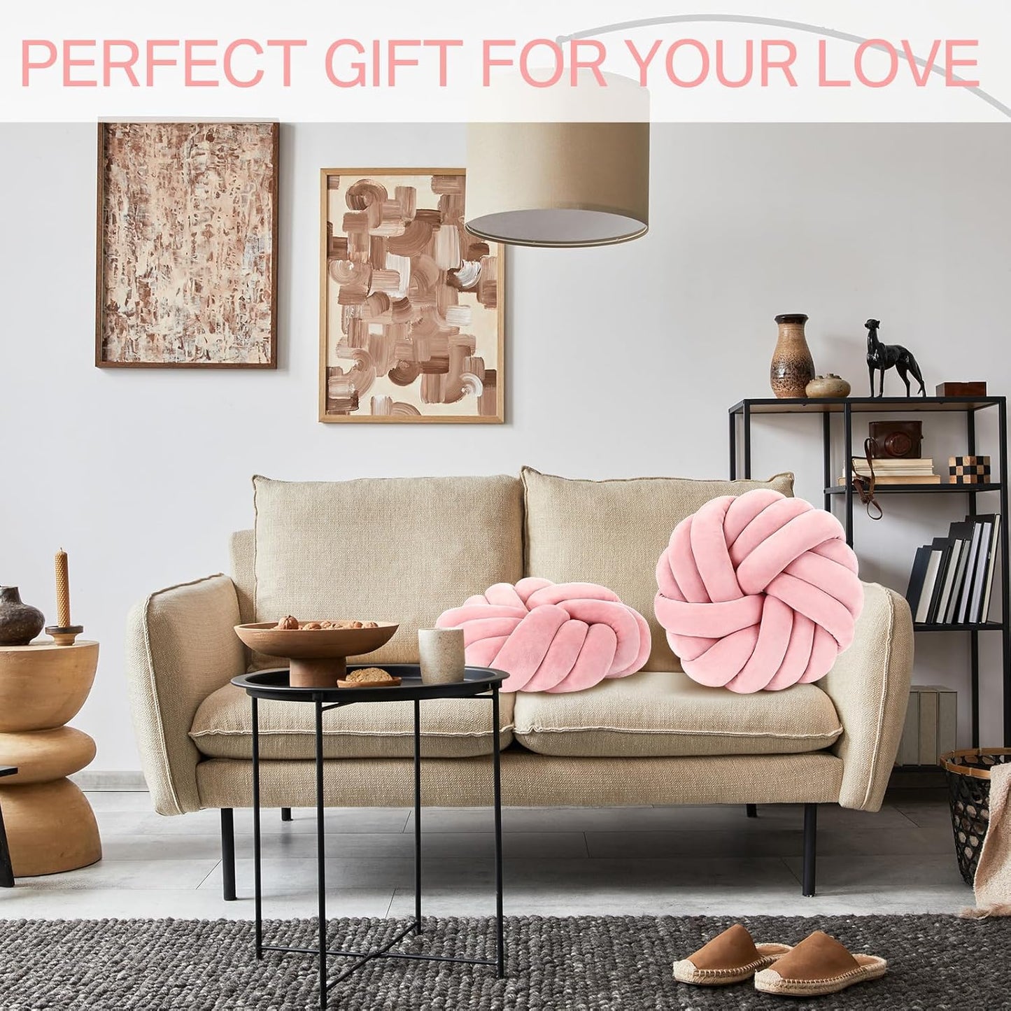 Fumete 2 Pcs 14 Inches Knot Pillow Round Throw Soft Plush Knot Ball Pillow Handmade Knotted Modern Home Decorative Cushion for Bed Bedroom, Sofa, Couch (Light Pink)